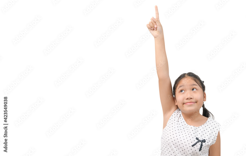 Cute girl looked up while pointing her finger upwards isolated on white background, Cute girl looked up while pointing her finger upwards isolated on white background,
