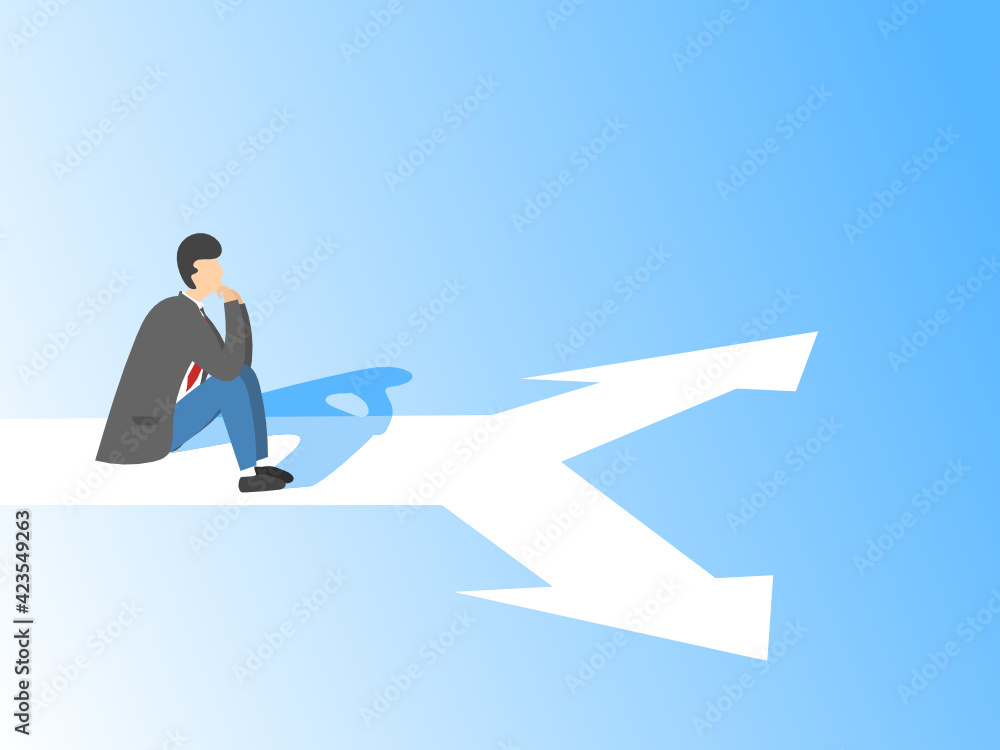 The businessman is sitting at a crossroads and does not know where to go next. Vector illustration. The concept of choosing the direction of business development.