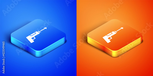 Isometric Fishing harpoon icon isolated on blue and orange background. Fishery manufacturers for catching fish under water. Diving underwater equipment. Square button. Vector