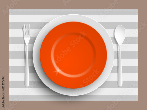 Plate, spoon and fork isolated on napkin background. Canteen icon. dining room badge. buffet icon. Here you can eat picture. Fast food restaurant badge. illustration