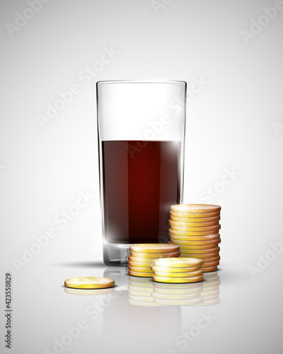 Glass of drink with pile gold coins on bottom. Savings when choosing a drink
