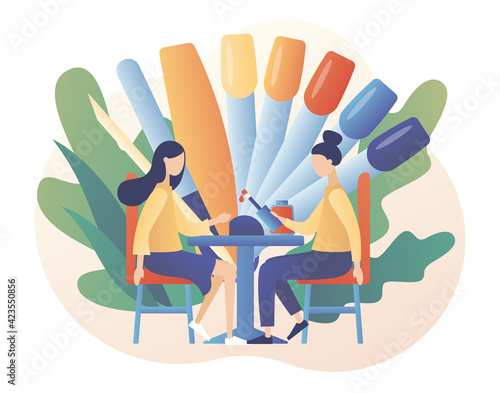Manicurist service. Nail studio. Manicure master is doing nail treatment and design. Beauty salon concept. Different tools for manicure procedures. Modern flat cartoon style. Vector illustration