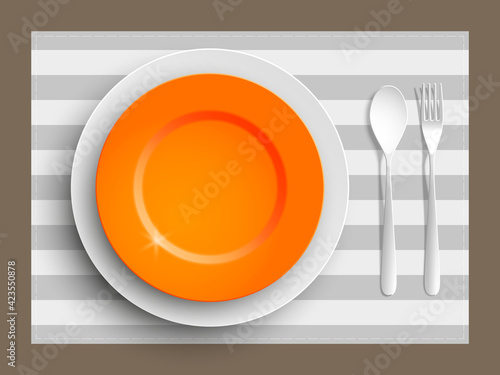Plate, spoon and fork isolated on napkin background. Canteen icon. dining room badge. buffet icon. Here you can eat picture. Fast food restaurant plate badge. illustration