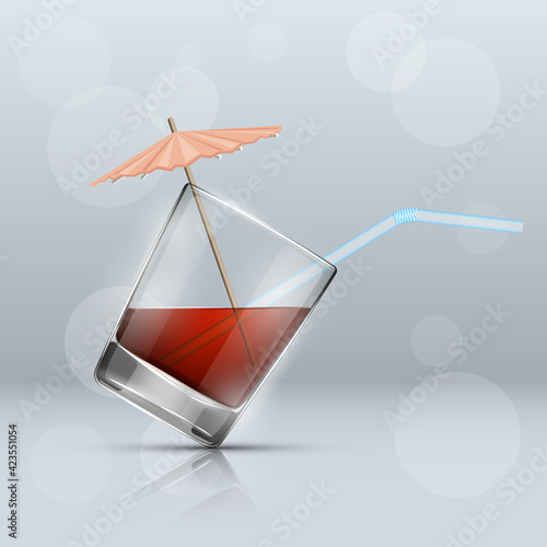 Glass cold drink alcohol & straw. Bright soda & umbrella. A glass of lemonade or fruit juice with umbrella. Cold iced tea. Bar with a glass of cocktail fizzy water drink with straw