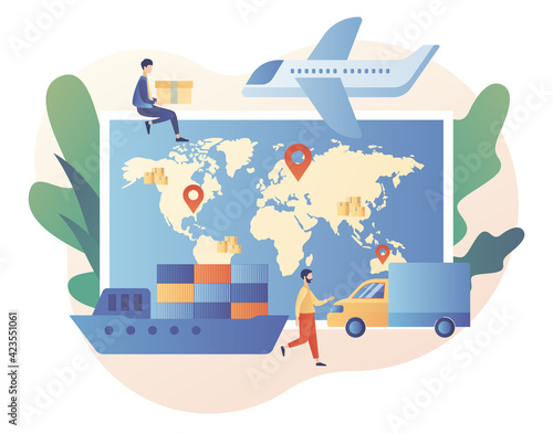 Business logistics. Global logistics network. Export, import, warehouse business, transportation. Vehicles to carry of cargo. On-time delivery. Modern flat cartoon style. Vector illustration 