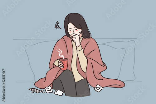 Cold ,flu, Severe Cough concept. Young sick unhappy woman cartoon character sitting on sofa ay home with cup of hot drink coughing and feeling sick vector illustration 