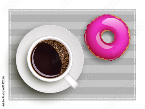 Cup of coffee on warfare dish, donut in glaze. Breakfast image, top view. Morning drink with sweetness. Hot coffee cup on white platter, donut glaze. Light snack top banner. Still life dessert