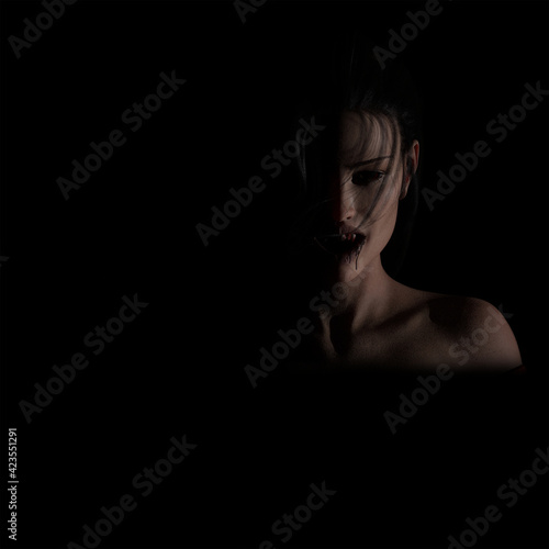 3d illustration of a beautiful vampire woman baring blood stained teeth with negative space for text  © GARETH