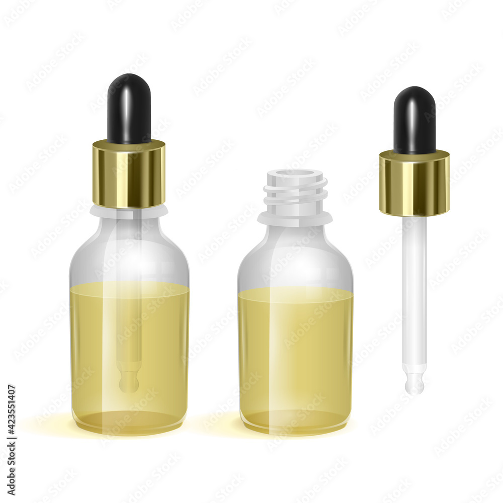 Realistic glass bottle with dropper. Cosmetic vial for oil, collagen serum. Mock up vector illustration Realistic glass bottle with dropper. Cosmetic vial for oil, collagen serum. Mock up vector illustration