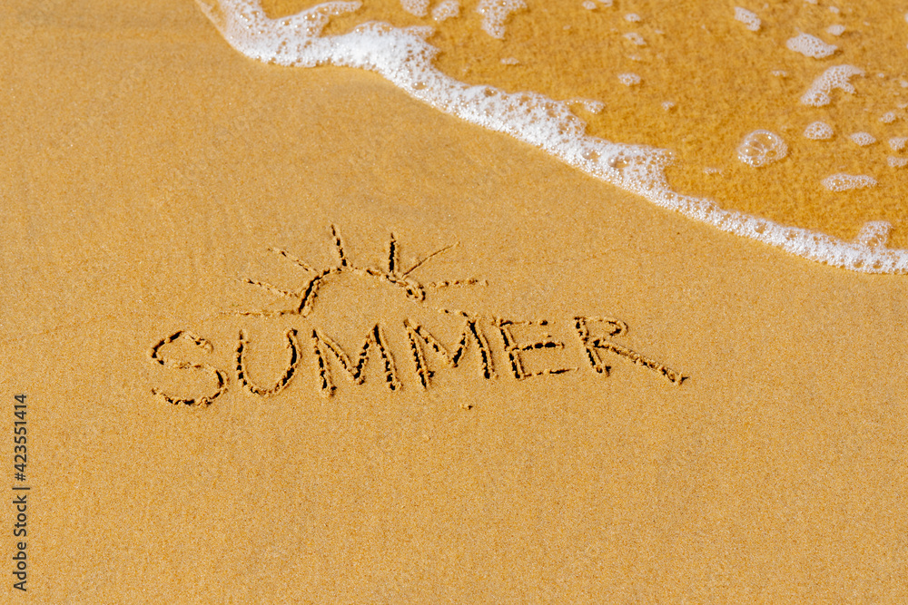 Fototapeta premium Sun and the inscription summer on the sea sandy beach