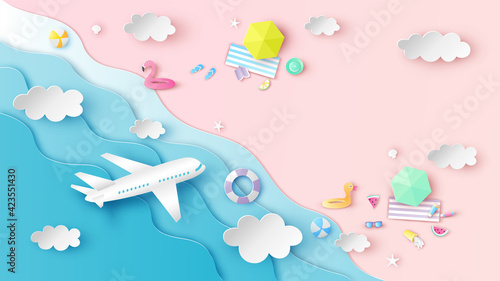 Aerial view of sea beach with beach equipment on sand beach and airplane flying through sea. paper cut and craft style. vector, illustration.