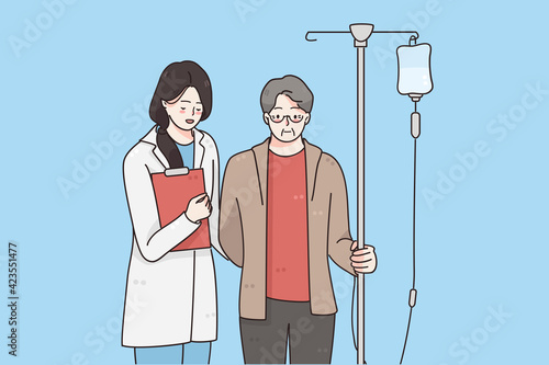 Fighting with cancer and healthcare concept. Elderly man with cancer during chemotherapy recovering from illness in hospital with nurse or doctor walking nearby vector illustration 