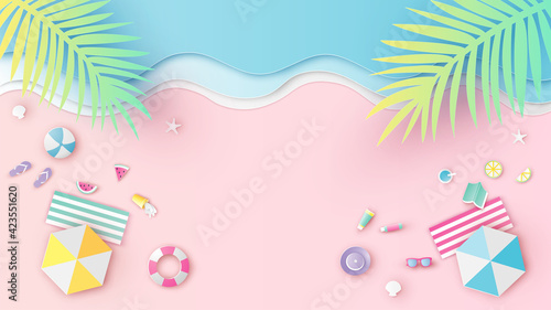 Aerial view of sea beach with beach equipment on sand beach. Aerial view of summer beach. paper cut and craft style. vector, illustration.