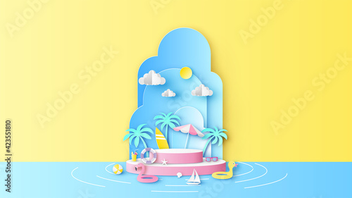 Circle stage podium for Summer decorated with beach equipment and blank space. Summer sea mockup template. paper cut and craft style. vector, illustration.