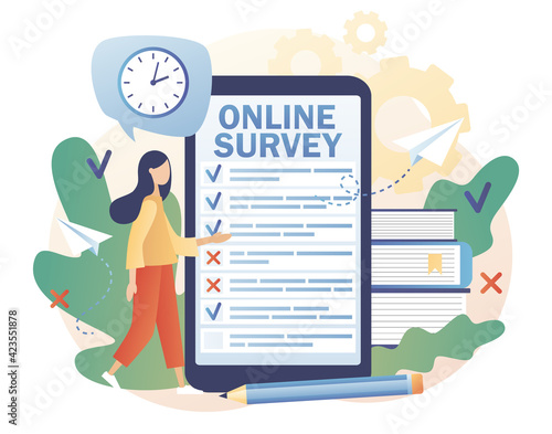 Tiny woman filling online survey form in smartphone app. Online survey concept. Feedback service. Internet surveying, questionnaire, customers voting. Modern flat cartoon style. Vector illustration