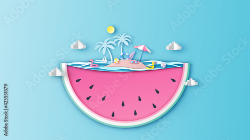 Abstract of summer sea design in the shape of watermelon slice. Sea island design in watermelon. Graphic design for Summer. paper cut and craft style. vector, illustration.