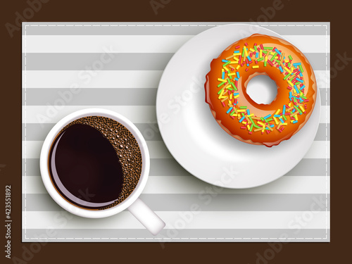 Cup of coffee on warfare dish, donut in glaze. Breakfast image, top view. Morning drink with sweetness. Hot coffee cup on white platter, donut glaze. Light snack top banner. Still life dessert