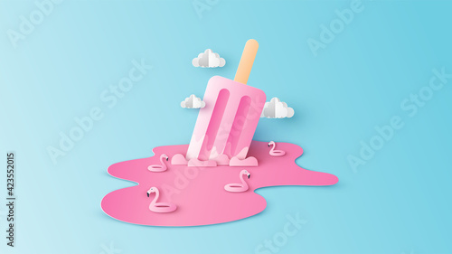 Abstract of sea in melted a pink ice cream stick with flamingo swim ring. Design a pink ice cream stick for Summer. paper cut and craft style. vector, illustration.