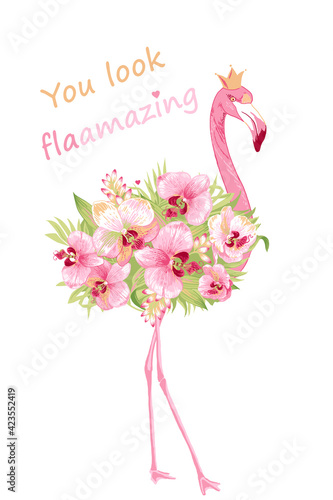 Cute flamingo with orchids flowers illustration for kids fashion artworks, greeting cards.
