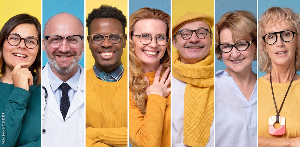 Collage of smiling portraits of mixed age group. Men and women in glasses