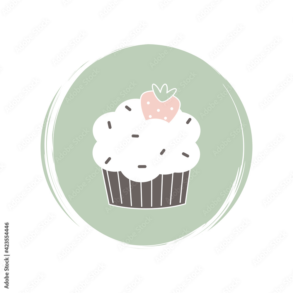 Cute logo or icon vector with cupcake on circle with brush texture, for social media story and highlights
