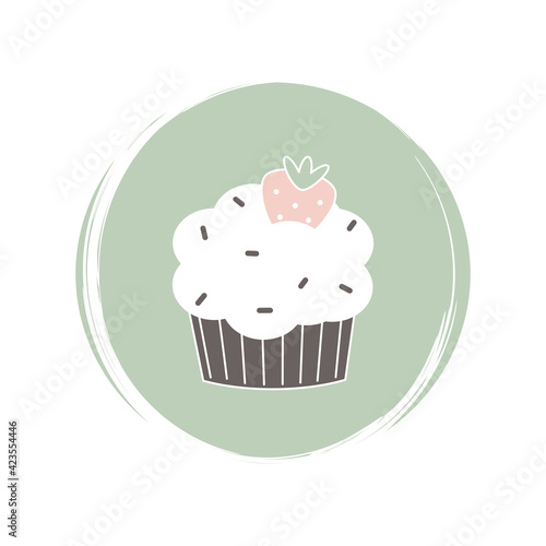 Cute logo or icon vector with cupcake on circle with brush texture  for social media story and highlights