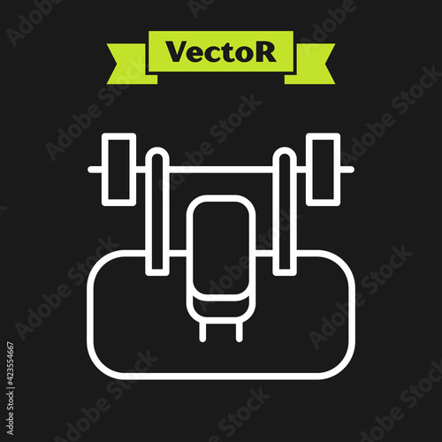 White line Bench with barbel icon isolated on black background. Gym equipment. Bodybuilding, powerlifting, fitness concept. Vector