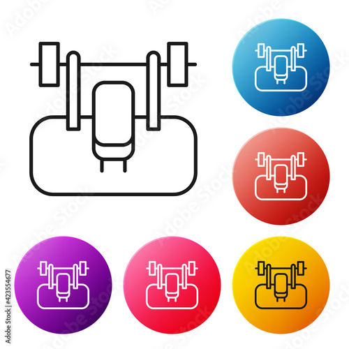 Black line Bench with barbel icon isolated on white background. Gym equipment. Bodybuilding, powerlifting, fitness concept. Set icons colorful circle buttons. Vector