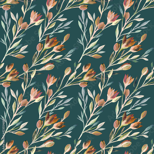 Vintage spring flowers on a dark green hand-drawn background. Floral seamless pattern.