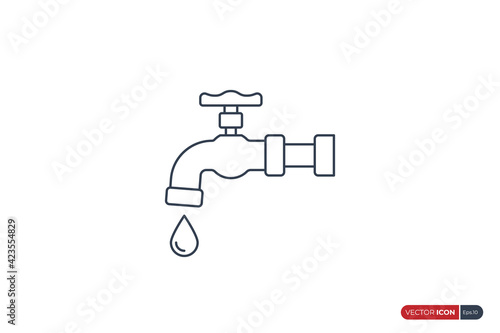 Water Faucet Icon Line with Waterdrop isolated on White Background. Flat Vector Icon Design Template Element.