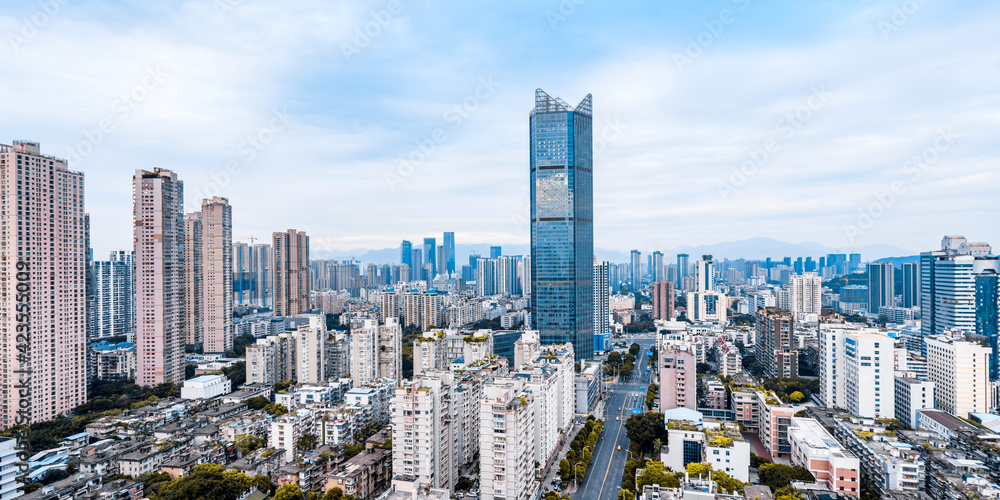 Fototapeta premium Sunny scenery of Shimao International Center City, Fuzhou, Fujian, China