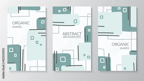 Set of abstract posters with composition of organic shapes in trendy modern style. Place for text. Smooth lines, spots, shapes. Can be used to decorate covers, postcards, walls. Vector