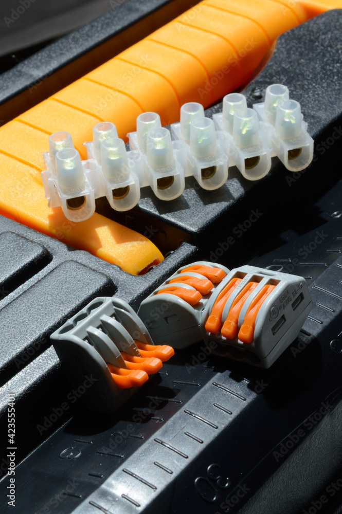 The clamping terminals are located on the tool box. close-up. The clamping terminals are located on the tool box. close-up.