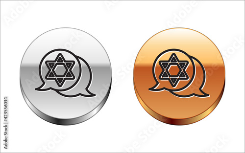 Black line Star of David icon isolated on white background. Jewish religion symbol. Symbol of Israel. Silver-gold circle button. Vector