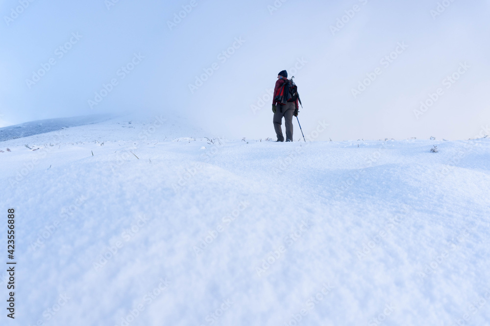 Man on a snowy slope observing the scenery