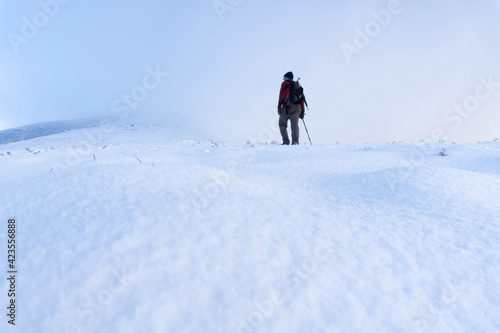 Man on a snowy slope observing the scenery