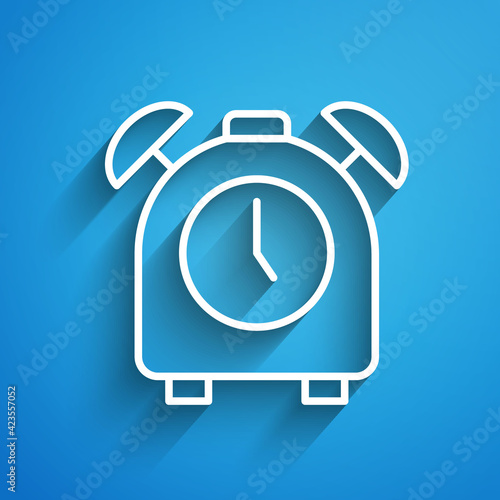 White line Alarm clock icon isolated on blue background. Wake up, get up concept. Time sign. Long shadow. Vector