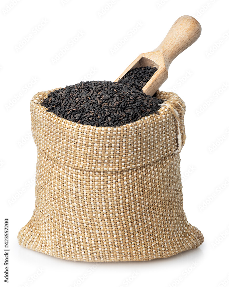 black sesame seeds in burlap sack isolated black sesame seeds in burlap sack isolated
