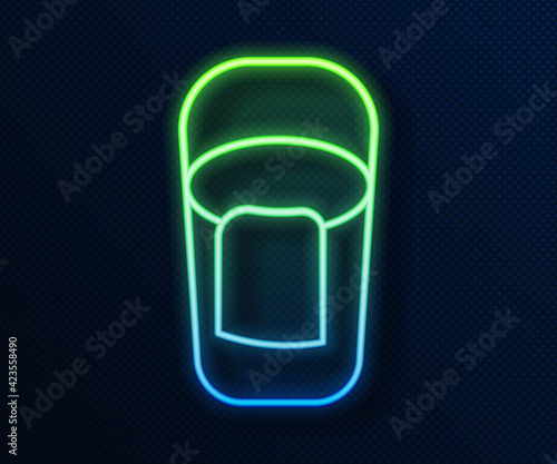 Glowing neon line Bucket with rag icon isolated on blue background. Cleaning service concept. Vector