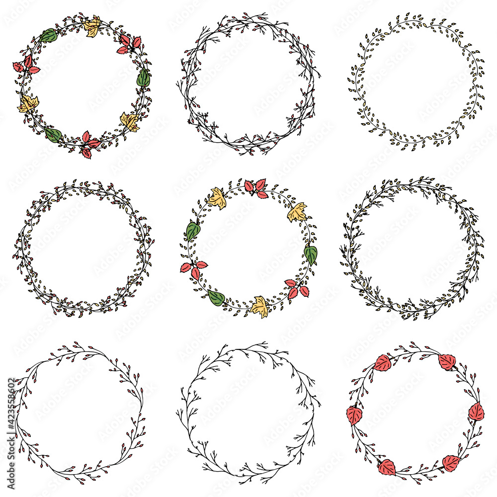 Obraz premium Set round frame of autumn leaves. Hand drawn Vector illustration. White background.