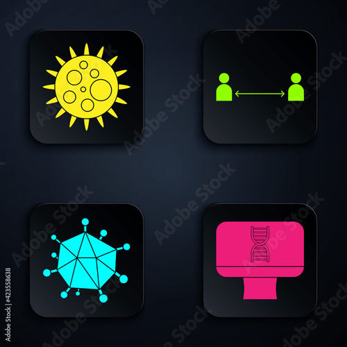 Set DNA spiral and computer, Virus, Virus and Safe distance. Black square button. Vector