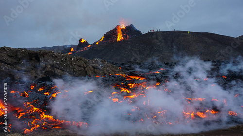 Lava flows from a small volcanic eruption in the Geldingardalur Valleys of Mt Fagradalsfjall, Southwest Iceland. The eruption occurred only about 30 km away from the capital of Reykjavík.