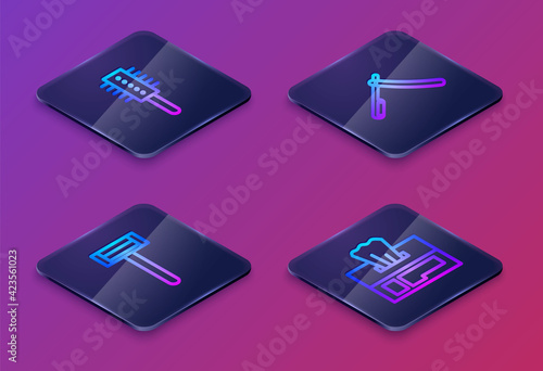 Set Isometric line Hairbrush, Shaving razor, Straight and Wet wipe pack. Blue square button. Vector