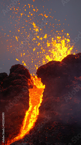 Lava flows from a small volcanic eruption in the Geldingardalur Valleys of Mt Fagradalsfjall, Southwest Iceland. The eruption occurred only about 30 km away from the capital of Reykjavík. photo