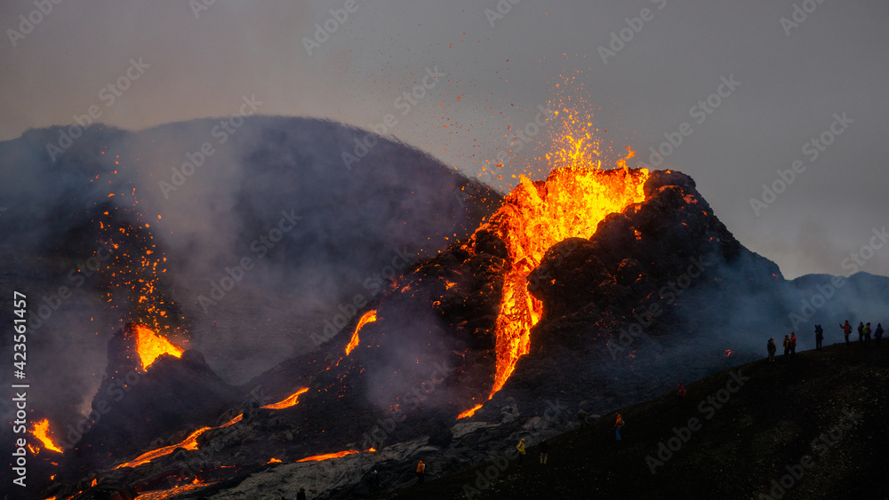 Lava flows from a small volcanic eruption in the Geldingardalur Valleys of Mt Fagradalsfjall, Southwest Iceland. The eruption occurred only about 30 km away from the capital of Reykjavík.