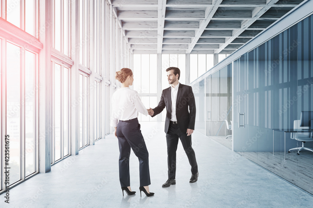 Businessmas makes deal with businesswoman inside office with pan Businessmas makes deal with businesswoman inside office with pan