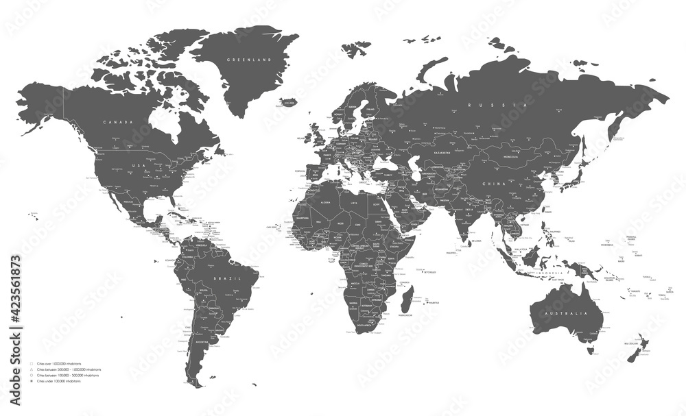 World map grey and white with cities and countries Vector illustration World map grey and white with cities and countries Vector illustration