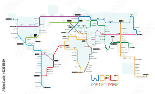 Vector illustration of a world map designed as a subway map