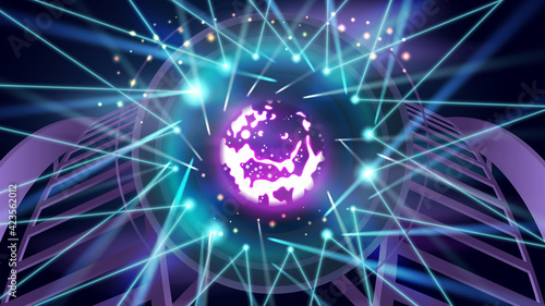 Futuristic Sci-Fi Thunderbolt Shaped Neon Tube Vibrant Purple And Blue Glowing Lights On Reflective Tilted Rough Concrete Surface In Dark Room, vector Illustration