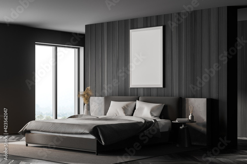 Grey bedroom interior with bed and linens near window, mockup poster